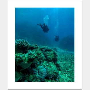 Coral reef and scuba diver Posters and Art